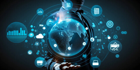 Fototapeta premium Digital marketing, Global business, IoT Internet of Things, business strategy concept. Businessman touching on global network with technology icons: