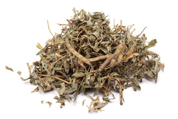 Closeup of Dry Sharpunkha (Tephrosia purpurea) leaves, isolated on white background.