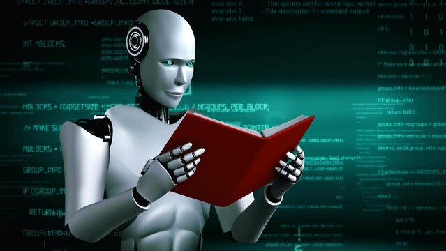 Futuristic robot artificial intelligence huminoid AI programming coding technology development and machine learning concept. Robotic bionic science research for future of human life. 3D rendering.