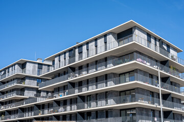 Modern gray apartment buildings seen in Barcelona, Spain