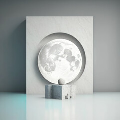 Abstract modern background, bright full moon and a marble fountain, AI generation.