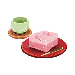 お茶　2色桜　羊羹1