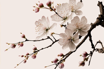 Cherry sakura flowers blossom in full bloom on a cherry tree branch, fading in to white illustration