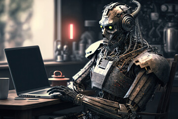 cyborg robot is working on laptop. concept of future of artificial intelligence. Generative AI
