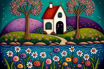 Naïve art of cottage painting by the water with beautiful flowers in the spring