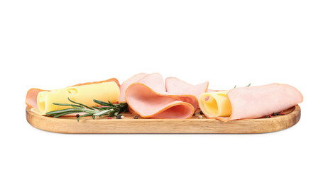 Board with tasty slices of ham, cheese and rosemary isolated on white background