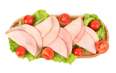 Board with tasty slices of ham, tomatoes and lettuce isolated on white background