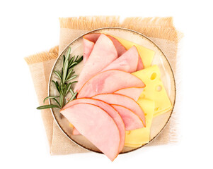 Plate with tasty slices of ham, rosemary and cheese isolated on white background