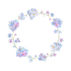 Forget-me-not watercolor wreath. Spring floral watercolor frame. Perfect for greeting cards, wedding invitation.