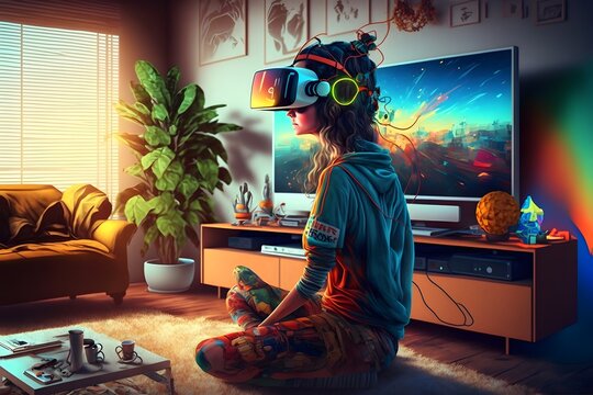 
a young creative woman wearing a virtual reality headset at home. Games and entertainment in virtual reality. futuristic digital technology of metaverse. Generative AI illustrations