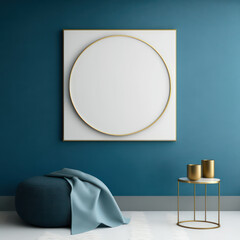 Frame poster mockup in home interior, blue fabric and gold circle AI Generaion.