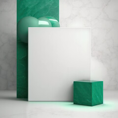 Wall poster mockup emerald lights and marble cubes AI generation.