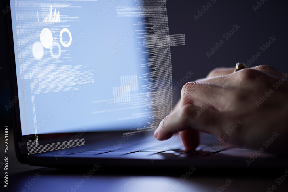 Poster Person coding on website at night, hands typing on keyboard in the dark and internet technology with digital overlay. IT student working on project, online research on computer and desk closeup
