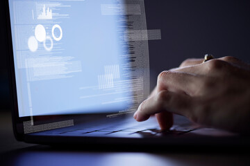 Person coding on website at night, hands typing on keyboard in the dark and internet technology with digital overlay. IT student working on project, online research on computer and desk closeup