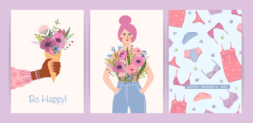Cards with cute female illustrations. Vector set for Happy Womens Day, 8 march and other