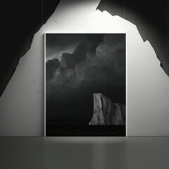 Wall poster mockup stormy sky and a jagged cliff, AI generation.