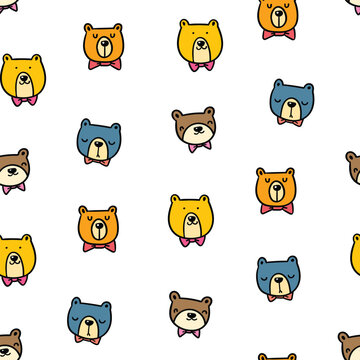 Seamless Pattern with Cartoon Bear Face Design on White Background