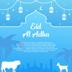 Happy Eid Al Adha Mubarak celebration banner with cow and goat background. Eid Al Adha Mubarak Muslim celebration day