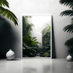 Frame poster mockup in home interior, lush jungle and a waterfall of dreams, AI Generaion.