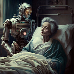 Old Woman In Hospital Bed Being Nursed By Robot - A.I Art