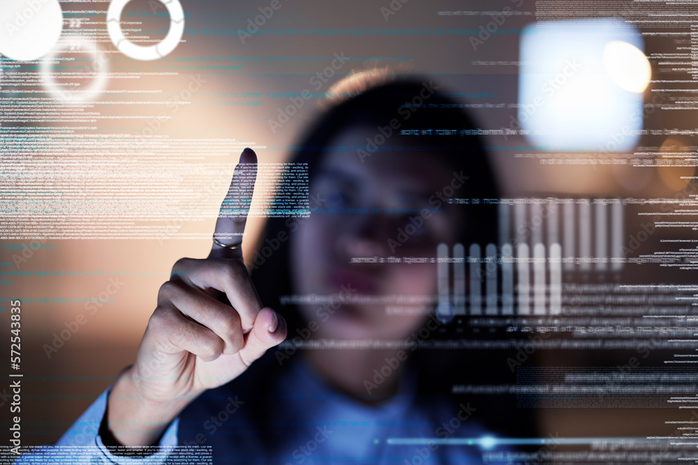 Fototapete Touch screen, hologram and woman with data analytics, coding software and programming developer at night. Futuristic, holographic or overlay of future technology worker, person with hand interaction