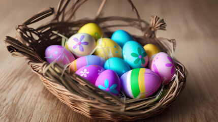 Fototapeta na wymiar Easter Eggs in basket / Egg / Ostern / Eastern / Copy Space - blank space