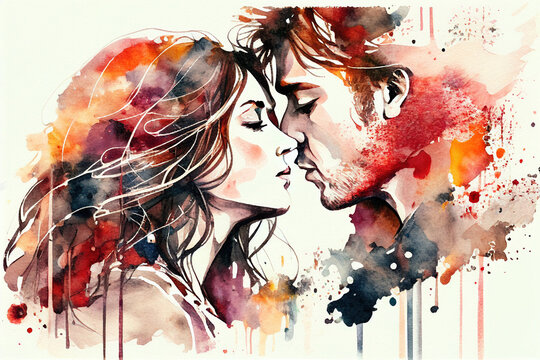 Romantic watercolor scene of an affectionate couple among hearts