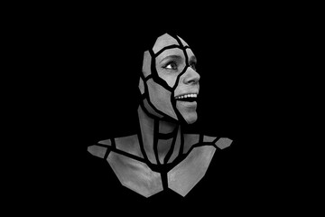 Portrait of person with art creative grey makeup posing in the studio. Shape of gray polygons on...