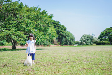 犬を散歩する小さな女の子