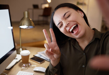 Night, selfie and peace sign with woman in office for social media, internet and smile. Designer,...