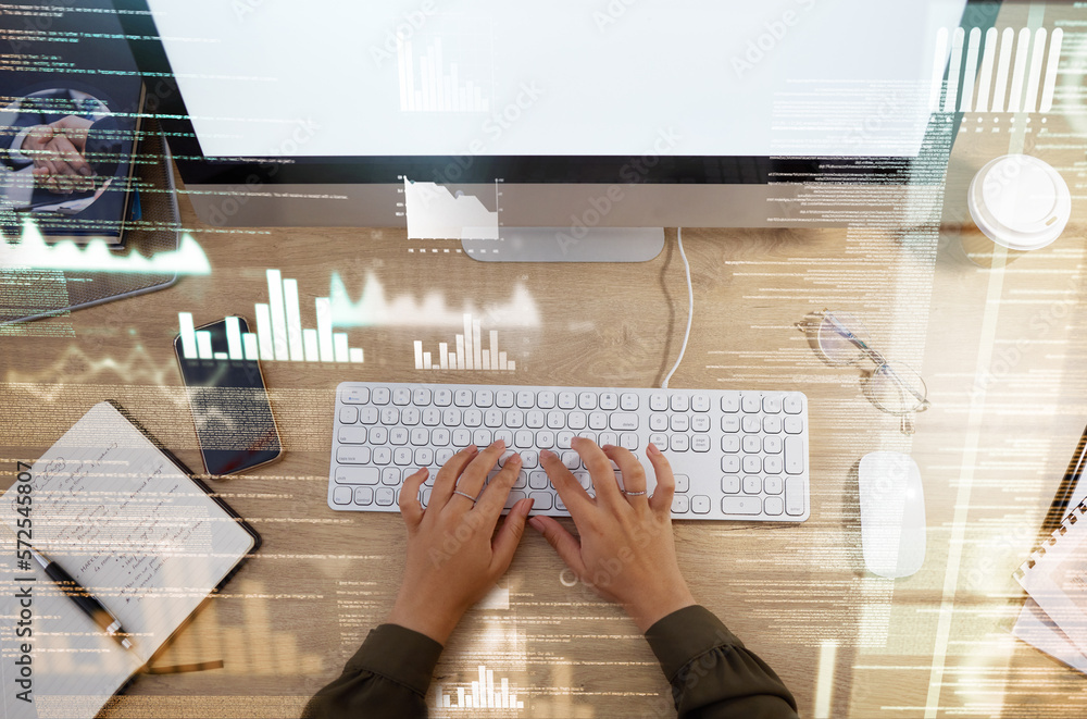 Poster hands on keyboard, computer overlay and business woman for typing for information technology or rese