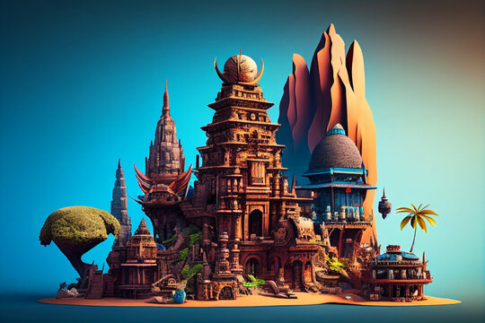 3d cartoon character cute Various tourist attractions in Cambodia landmark on blue background, travel vacation holiday idea concept design, image ai midjourney generated