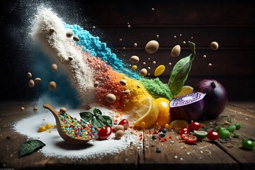 Colorful Abstract Generative A.I Cooking Ingredients On  Warm Color-Scale  