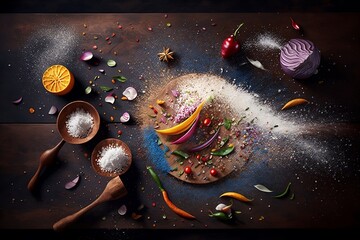 Colorful Vegetables on A Wooden Table With Various Seasonings, Artistic. Generative A.I