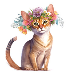 Cat wearing a floral crown made of spring flowers. Cartoon character for postcard, birthday, children. Generative AI.