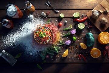 Colorful Vegetables on A Wooden Table With Various Seasonings, Artistic. Generative A.I