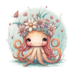 Smiling baby octopus in a floral crown made of spring flowers. Cartoon character for postcard, birthday, nursery decor. Generative AI.
