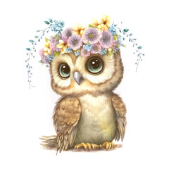Obraz premium Cute baby owl in a floral crown made of spring flowers. Cartoon character for postcard, birthday, nursery decor. Generative AI.