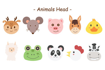 Animal cartoon heads by hand drawn style. Vector animal cartoon character illustration about deer, rat, pig, house, duck, alpaga, frog, panda, hen and zebra.