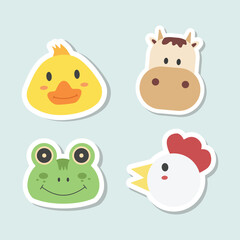 Animal cartoon faces vector icons set. Set of 4 animal (duck, cow, frog and hen) stickers. Hand drawn vector illustration.