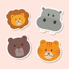 Animal cartoon faces vector icons set. Set of 4 animal (lion, hippopotamus, bear and tiger) stickers. Hand drawn vector illustration.