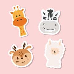 Animal cartoon faces vector icons set. Set of 4 animal (giraffe, zebra, deer and alpaca) stickers. Hand drawn vector illustration.