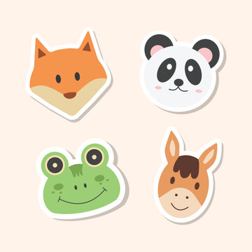 Animal cartoon faces vector icons set. Set of 4 animal (wolf, panda, frog and horse) stickers. Hand drawn vector illustration.