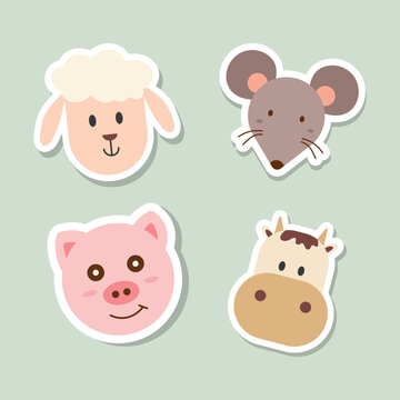 Animal cartoon faces vector icons set. Set of 4 animal (sheep, rat, pig and cow) stickers. Hand drawn vector illustration.