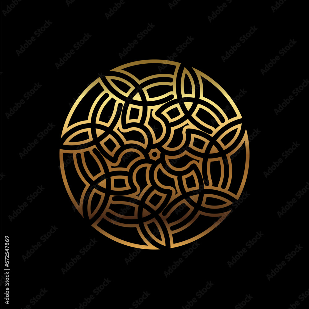 Poster abstract circular geometric symbol design with modern style and shinny golden color. isolated on bla