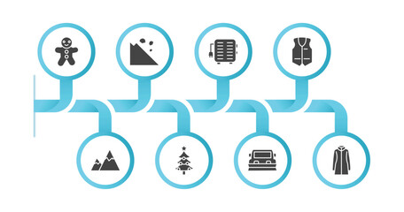 editable filled icons with infographic template. infographic for winter concept. included gingerbread man, avalanche, electric heater, anorak vest, snowy mountain, christmas tree, snowplow, fur coat