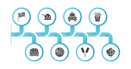 editable filled icons with infographic template. infographic for united states of america concept. included patriotic, roasted turkey, cab, french fries, burger, made in usa, corndog, usa shield