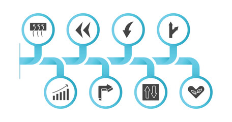 editable filled icons with infographic template. infographic for user interface concept. included rear window defrost, arrowheads, curved downward arrow, detour, evolution, 3d turn right arrow,