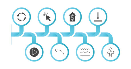 editable filled icons with infographic template. infographic for user interface concept. included circular arrow, mouse arrow, house value, downloading, right arrow play button, sketched curve line,