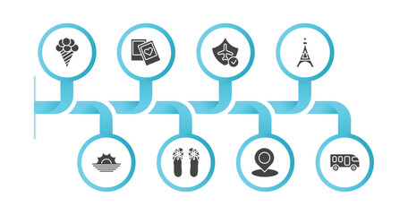editable filled icons with infographic template. infographic for travel concept. included icecream, , travel insurance, eiffel tower, sun, flip flop, landmark, motorhome icons.